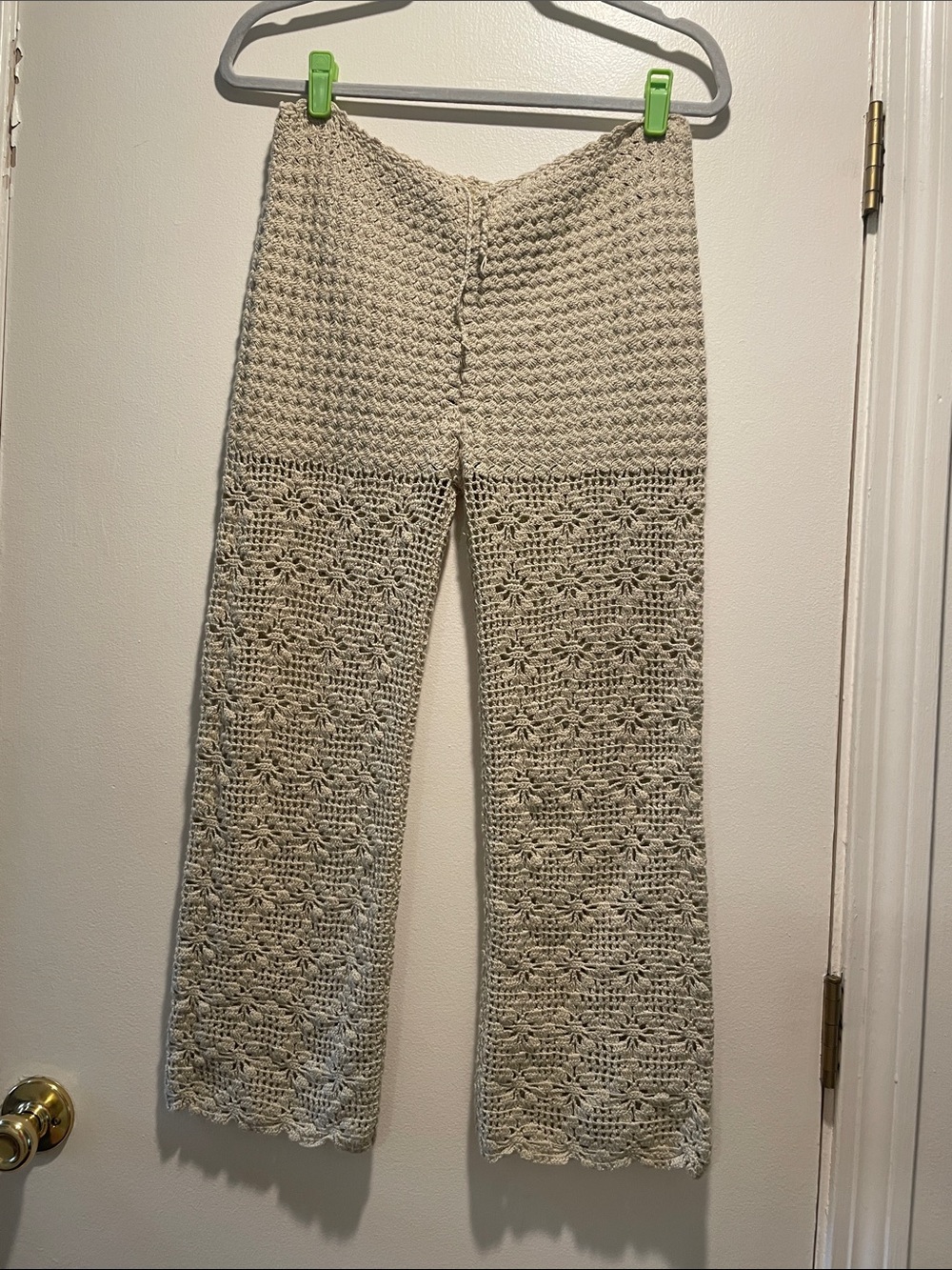 Hand Crochet Vintage Two Different Patterns Waist to Hips -Leg Pants in Cream